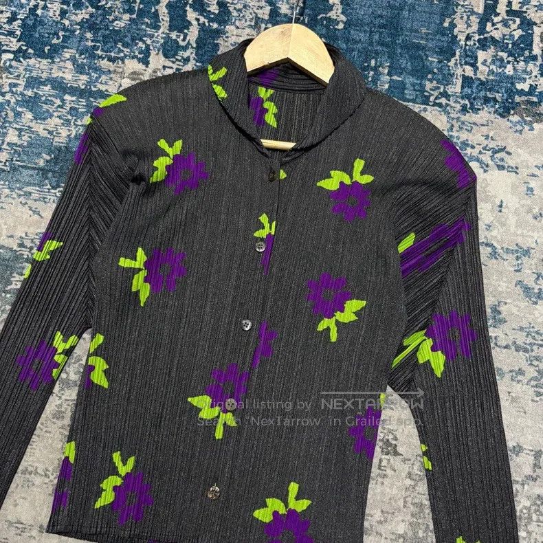 Issey Miyake Issey Miyake Pleated Long Sleeve Top, Purple Green Floral Size S / US 4 / IT 40 - 2 Thumbnail