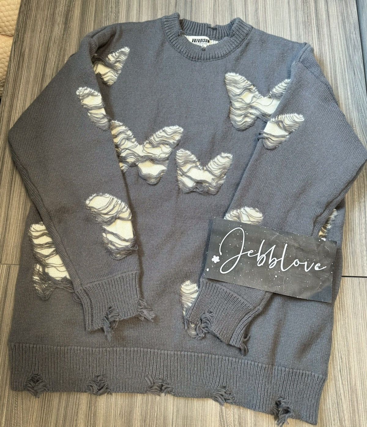 image of Vintage Retro Punk Distressed Butterfly Sweater Jumper Knitwear in Grey, Men's (Size 2XL)