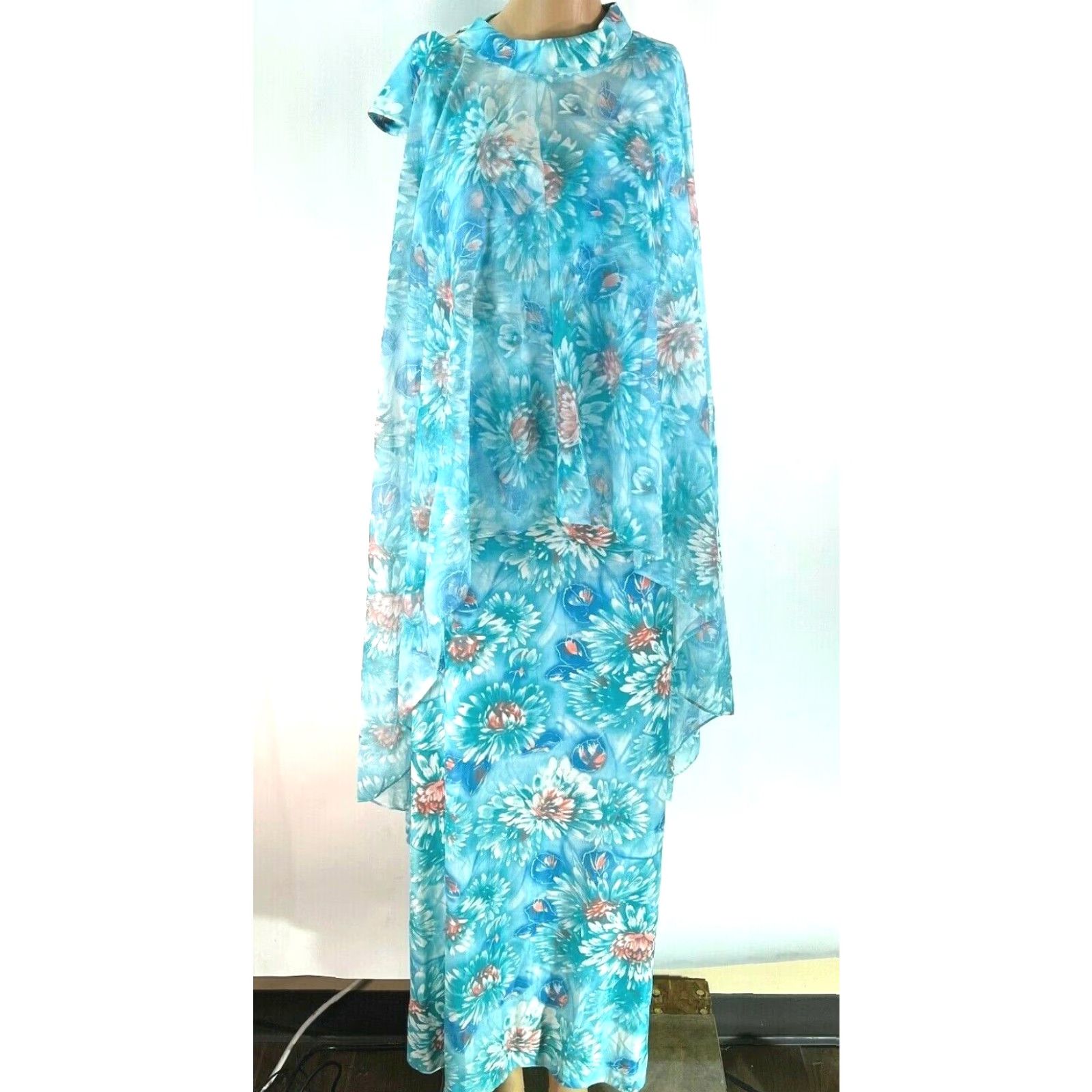 Vintage Womens VTG Floral Print Drape Front Sleeveless Mock Neck Blue Maxi Dress Size 20.5 Size 3XL / US 20-22 - 2 Thumbnail