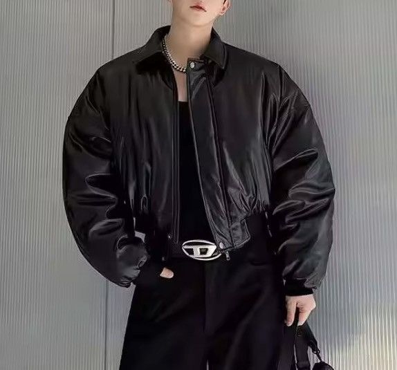 Japanese Brand CROPPED Vegan Leather Bomber Jacket - Boxy Streetwear Puffer Size US L / EU 52-54 / 3 - 7 Thumbnail