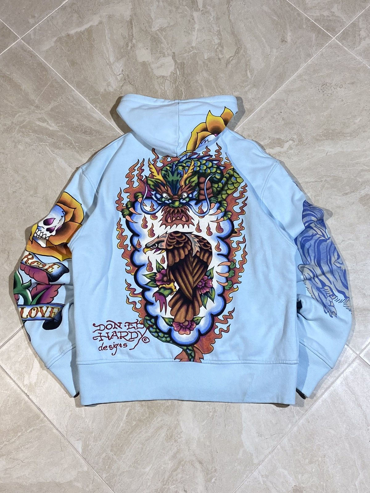 image of Ed Hardy Y2K Hype Streetwear Style Light Blue Zip Hoodie, Men's (Size Medium)