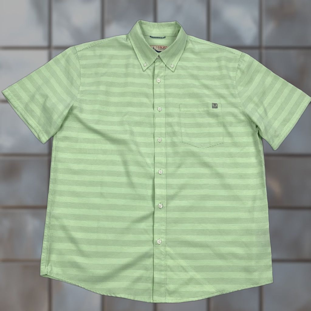 Vintage Huk Fishing Shirt Striped Short Sleeve Button-Down Mens L Green Size US L / EU 52-54 / 3 - 1 Thumbnail