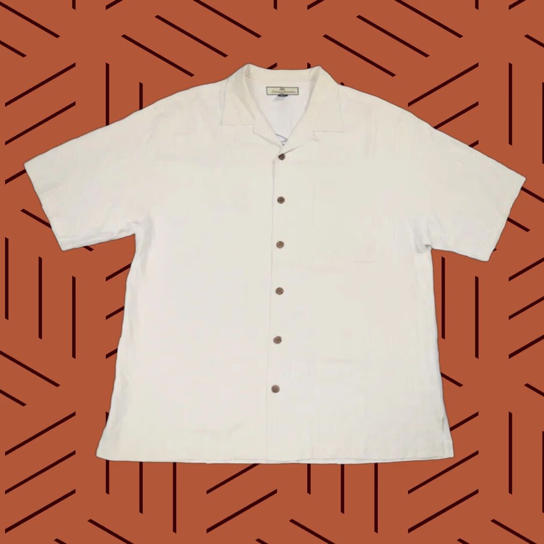 Tommy Bahama VINTAGE Tommy Bahama Mens Golf Camp Shirt 100% Silk Short Sleeve Button-Up Ivory L Embroidered Aloha Size US L / EU 52-54 / 3 - 1 Thumbnail