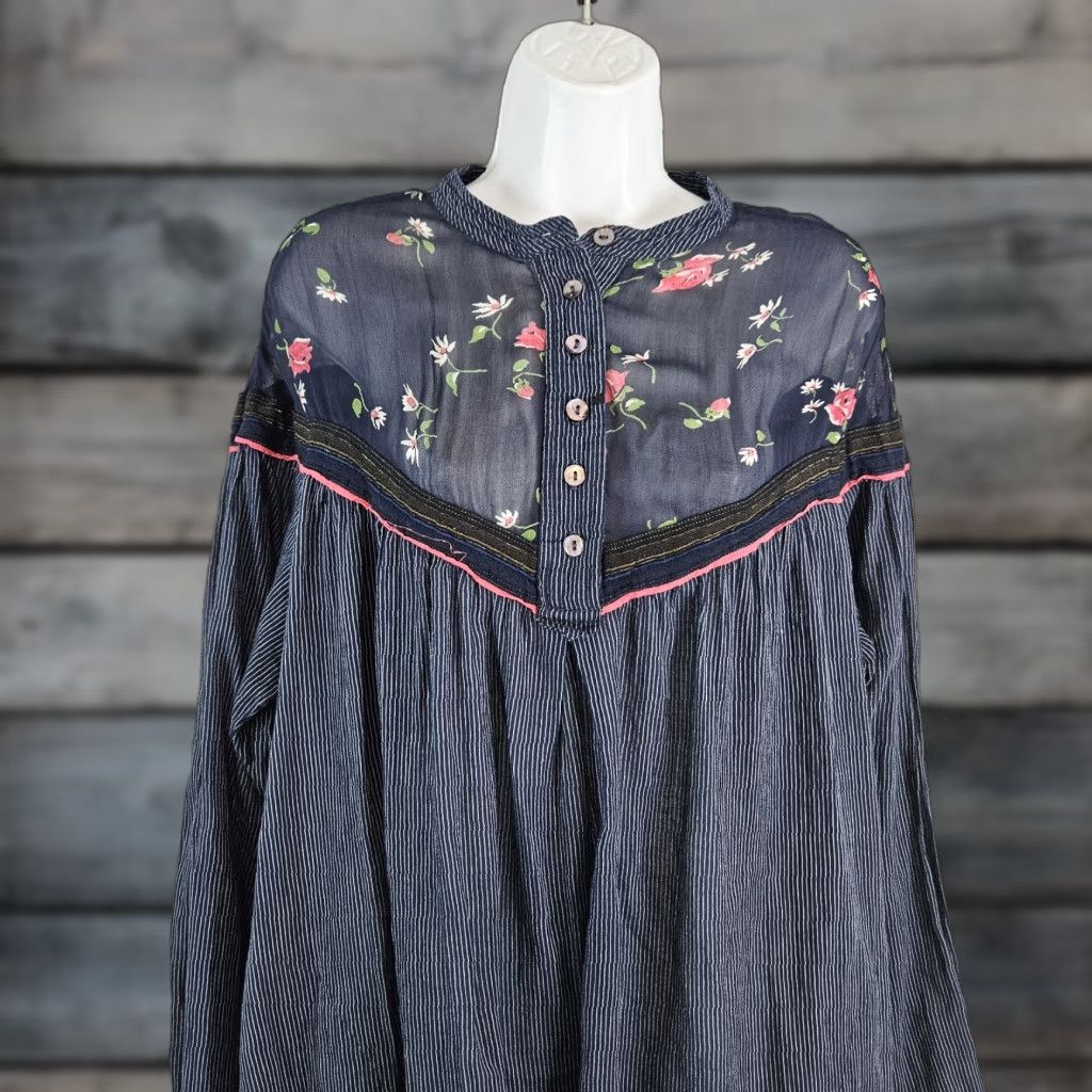 Free People Free People Hearts and Colors Tunic Top Blouse L Blue Green Stripe Floral Womens Shirt Size L / US 10 / IT 46 - 1 Thumbnail