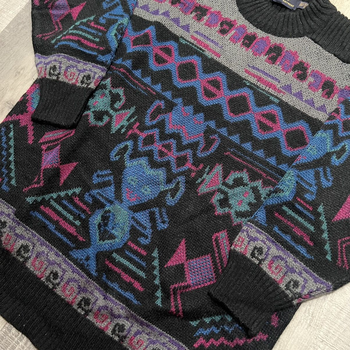 Vintage VTG LeRoy Knitwear Black Abstract Geometric Knit Sweater Size XL / US 12-14 / IT 48-50 - 2 Thumbnail