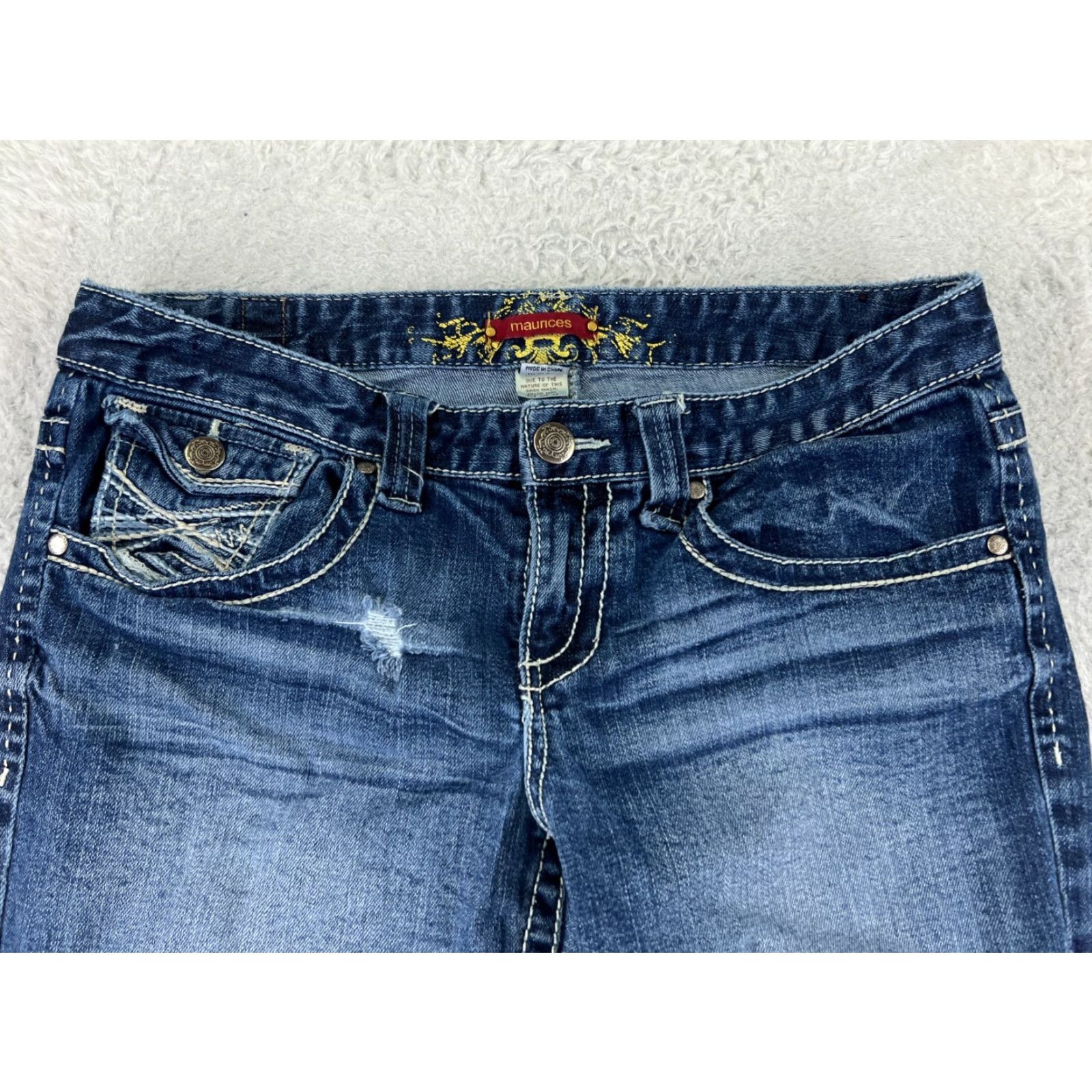 Vintage Maurices Jeans Women 11 Blue Denim Flare Low Distressed Cotton 32x29 Jeans Size 32" / US 10 / IT 46 - 4 Thumbnail