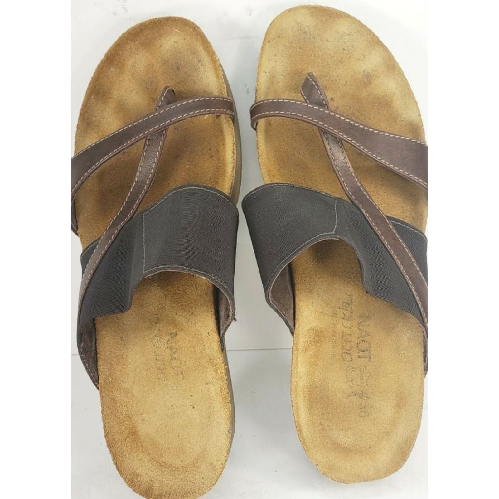 Vintage Naot Orion Brown Leather Fabric Elastic Thong Sandals Isreal Women’s 5M/36E EUC Size US 5 / IT 35 - 5 Thumbnail
