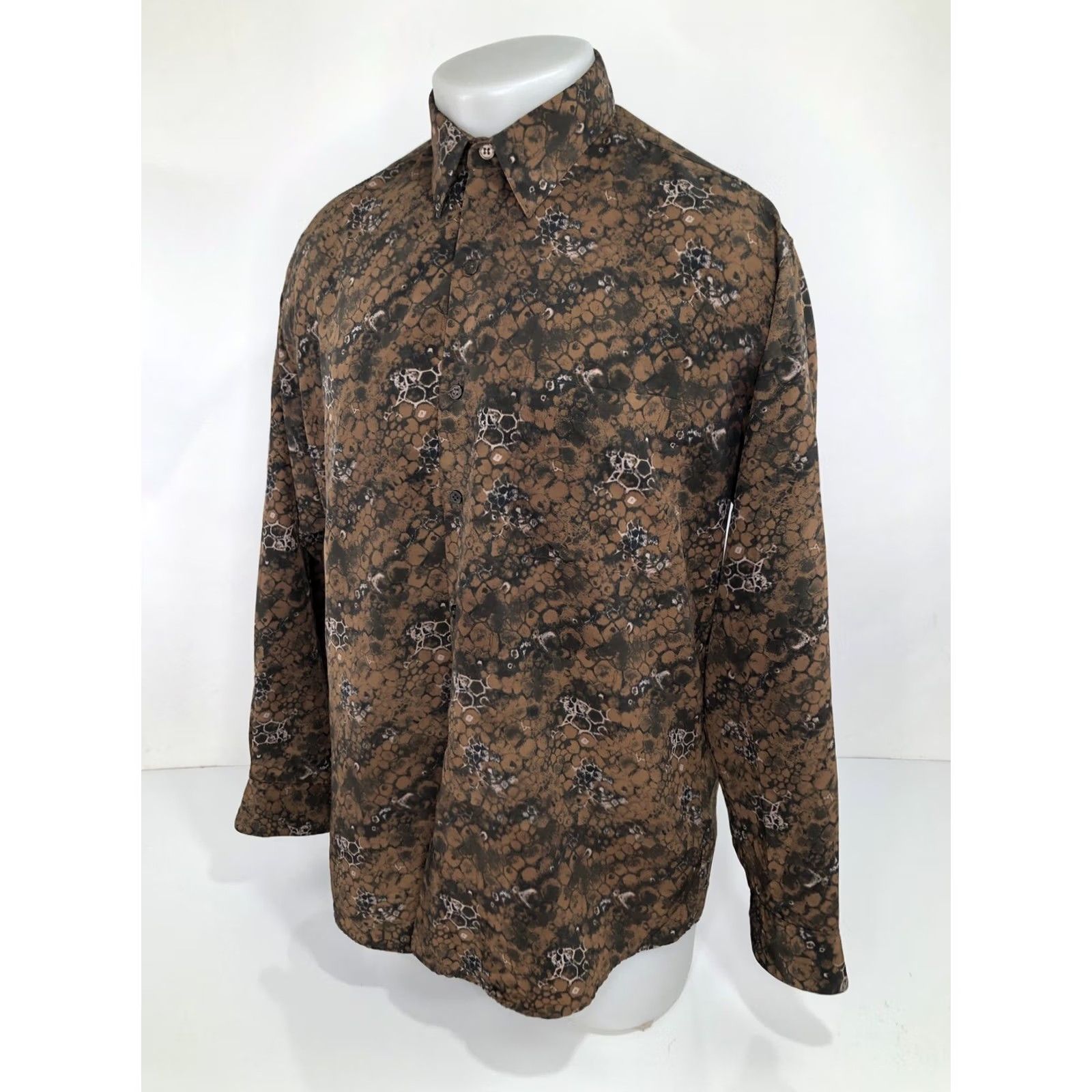 Vintage Bijan Italy MEXICO Abstract Honeycomb Mens L Shirt - Button-Up Long Sleeve Brown L Mens Size US L / EU 52-54 / 3 - 3 Thumbnail