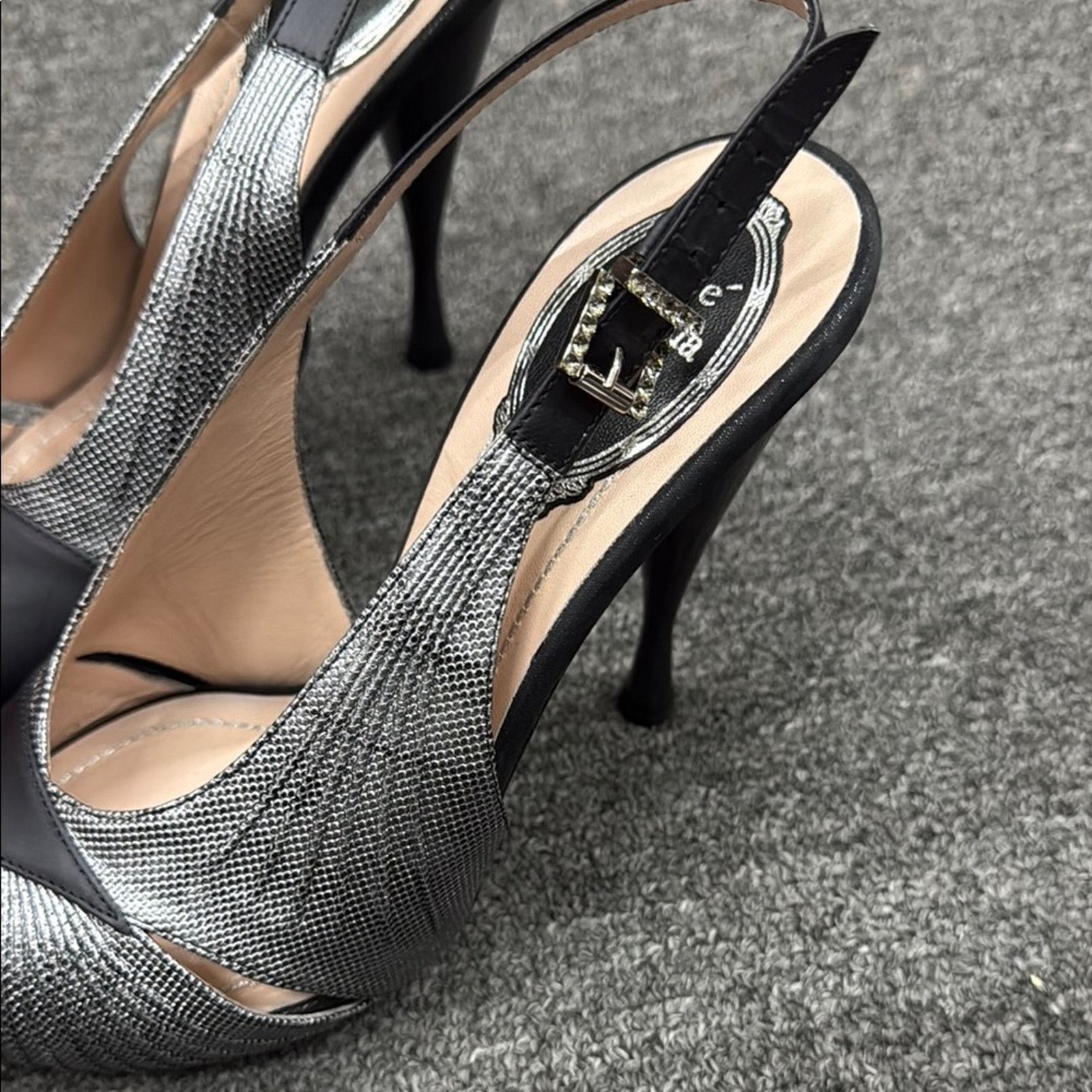 Rene Caovilla NWT Rene Caovilla Black Silver Peep Toe Heels Size 37 US 7 Size US 7 / IT 37 - 4 Thumbnail