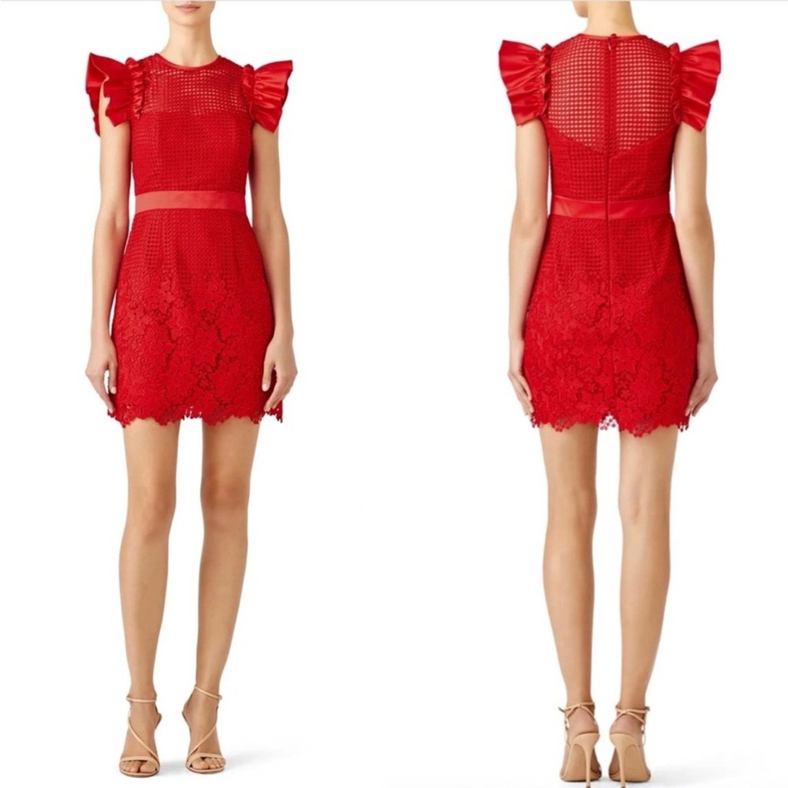 United Wood Red Karlie Sheath Lace Ruffle Floral Dress
