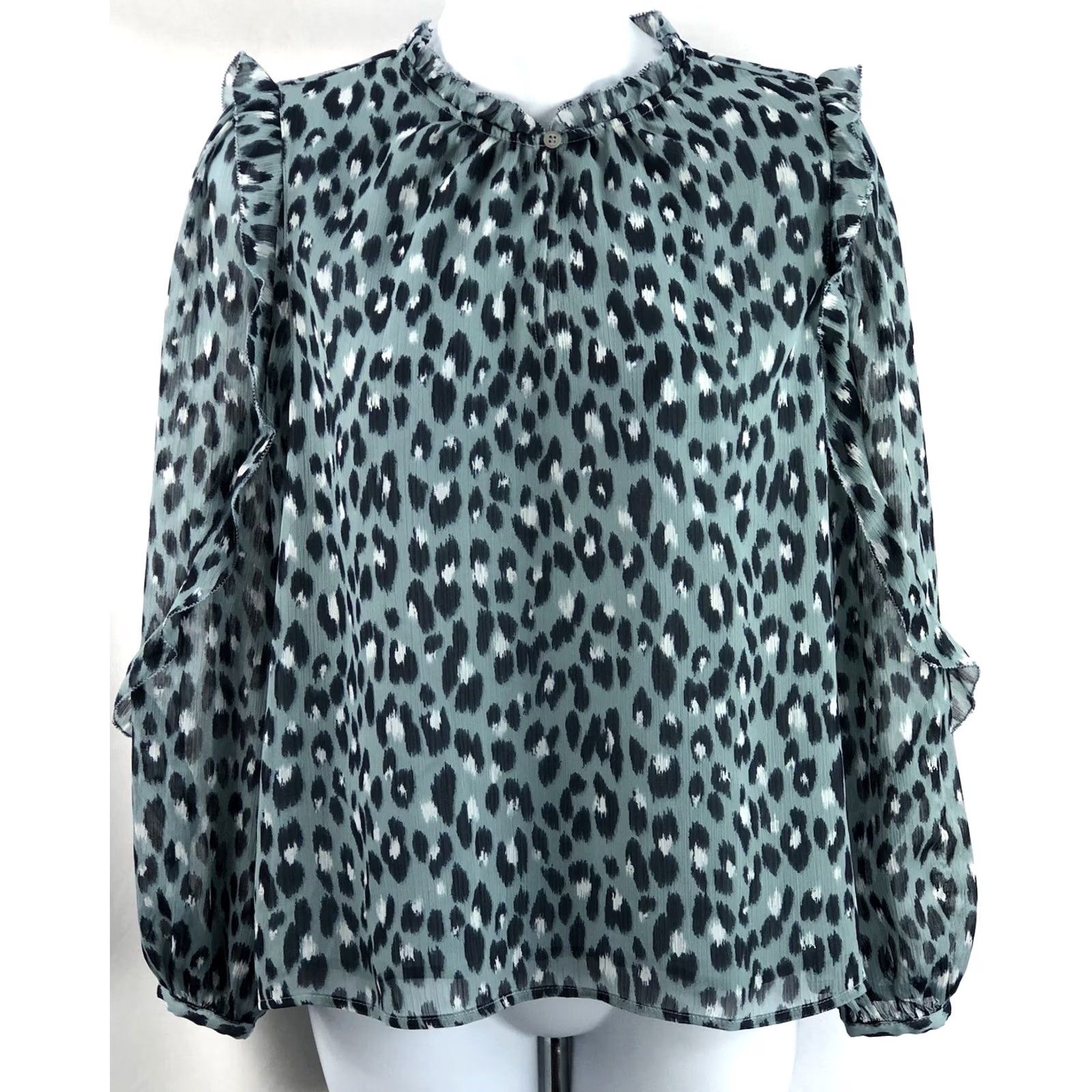 Ann Taylor VINTAGE AnnTaylor loft Blouse Shirt PM Blue Leopard Ruffle Balloon Sleeve 90s Glam Womens Size M / US 6-8 / IT 42-44 - 5 Thumbnail
