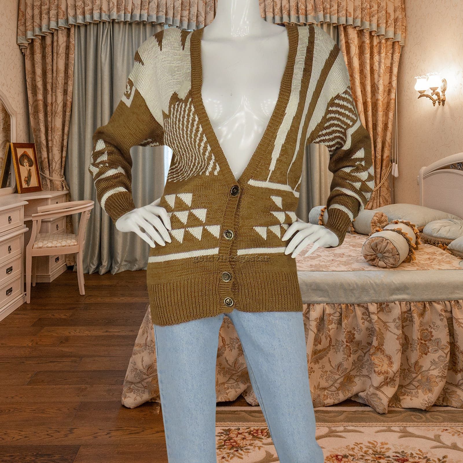 image of Linda Allard Geometric Linen Cardigan M Modern Vintage Charm in Brown, Women's (Size Medium)