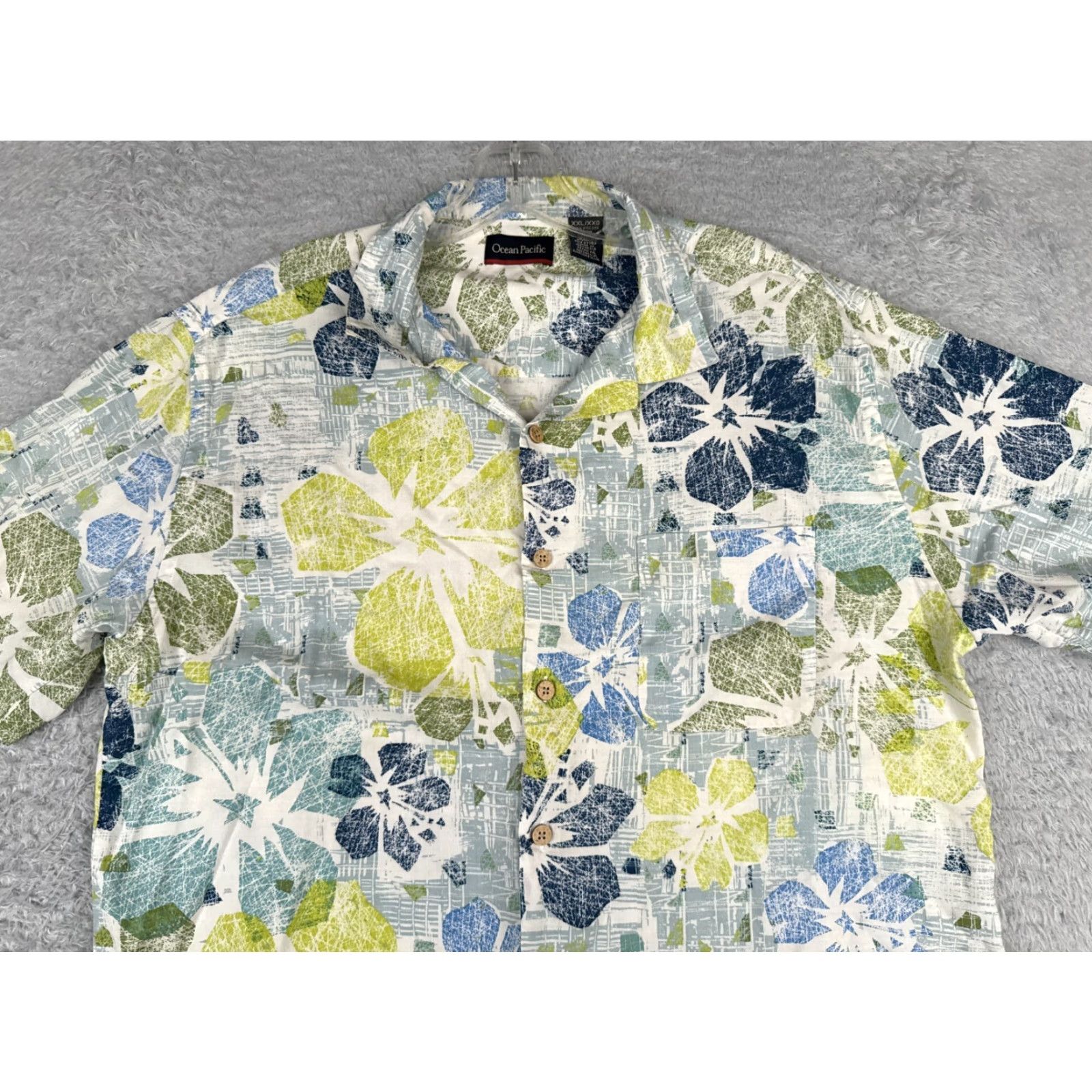 Ocean Pacific Ocean Pacific Button-Up Shirt Men 2XL Floral Hawaiian Blue Green Rayon Viscose Short Sleeve 100% Rayon Reversible Breathable Pockets Surf Beach Aloha Size US XXL / EU 58 / 5 - 4 Thumbnail