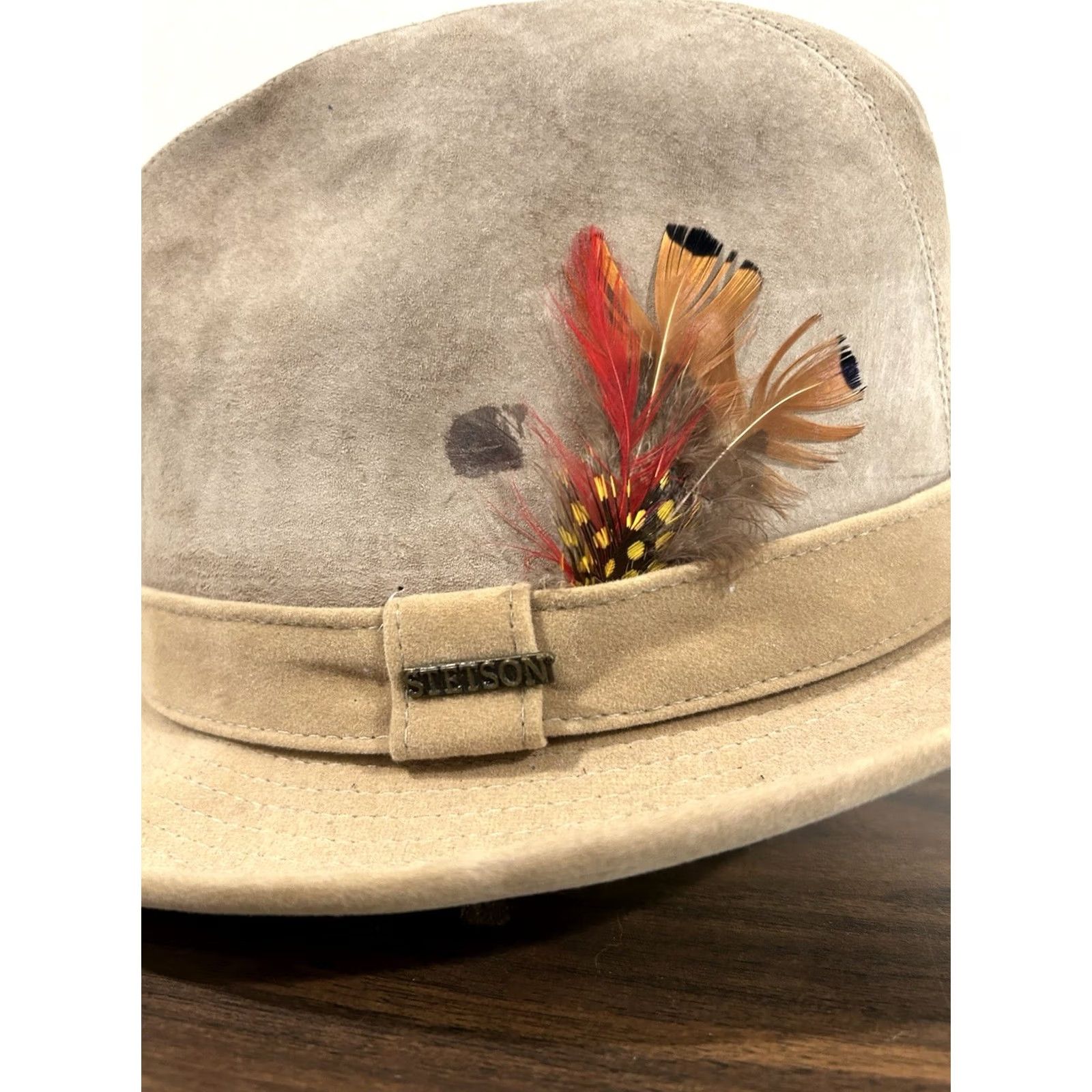 Stetson VINTAGE Stetson Fedora Hat 7 Unisex Tan Suede Leather Feather USA Union Made Size ONE SIZE - 3 Thumbnail