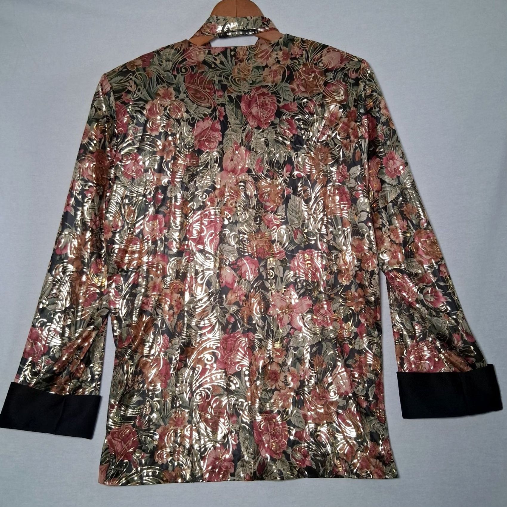 Vintage VINTAGE Lori by AM Casuals Shirt S Open Front Black Floral Gold Metallic Retro 1990s Boho disco Women Girls Men? Size S / US 4 / IT 40 - 4 Thumbnail