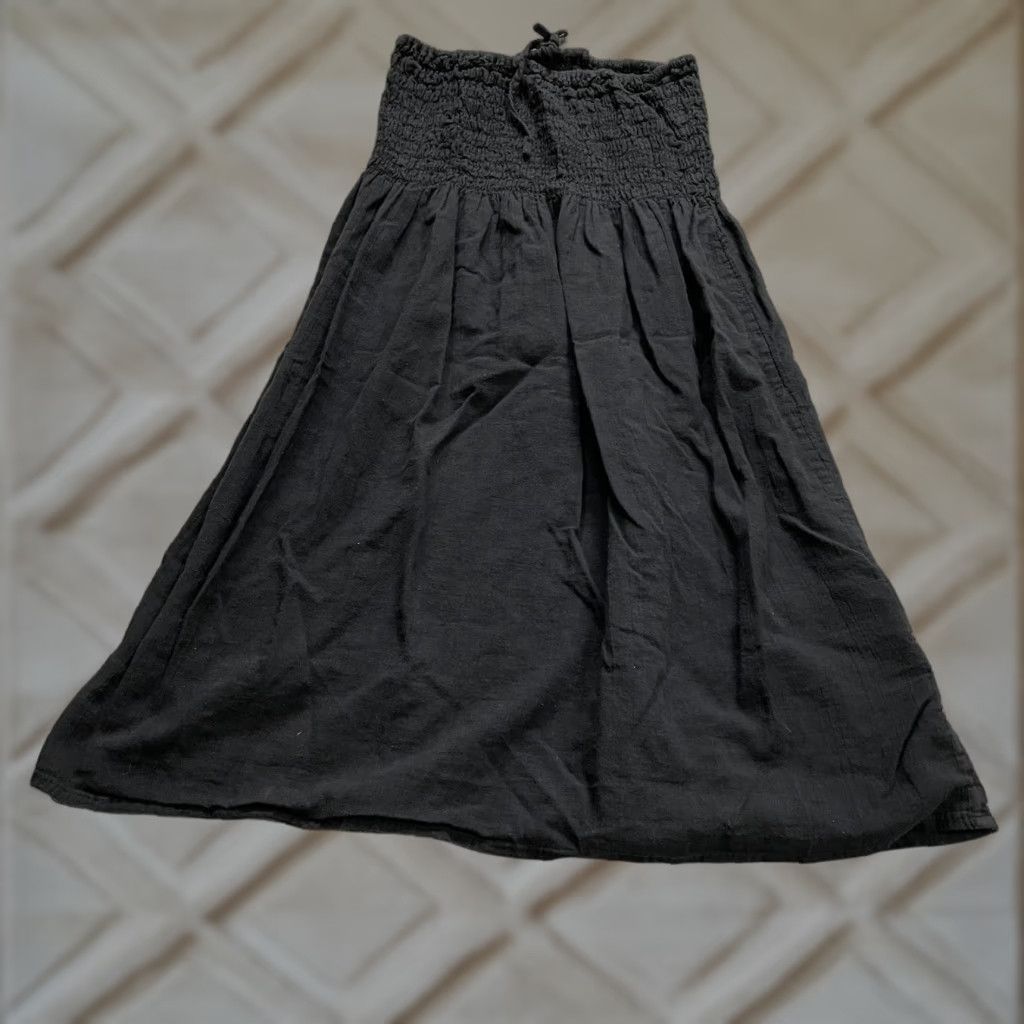 Vintage VINTAGE Women's Dress Midi Solid Black Linen A-Line Smocked Strapless Casual Spring Summer Fall 2020s Girls Size M / US 6-8 / IT 42-44 - 1 Thumbnail
