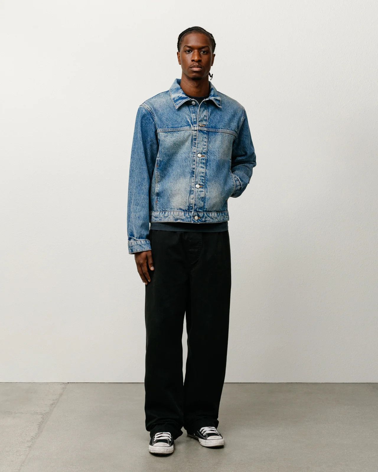 stussy TRUCKER JACKET DENIM レオパード Stussy Trucker Denim Jacket Vintage Wash - Size Large