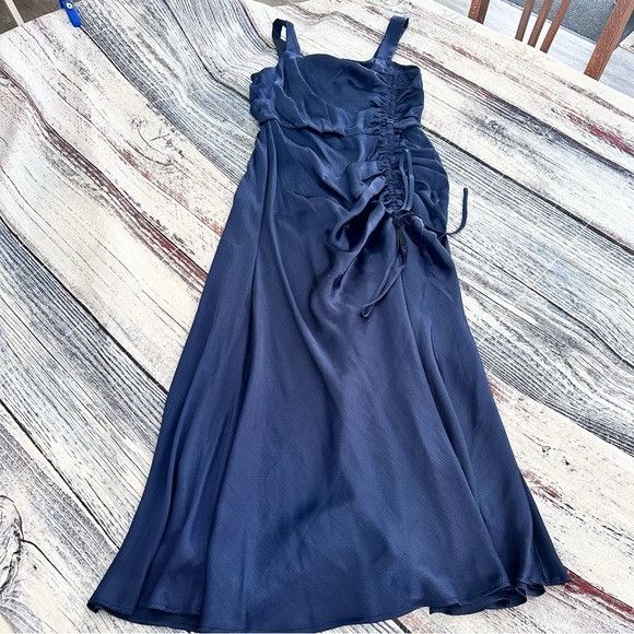 Other Taylor Navy Satin Ruched-Side Slip Dress Size XS / US 0-2 / IT 36-38 - 2 Thumbnail