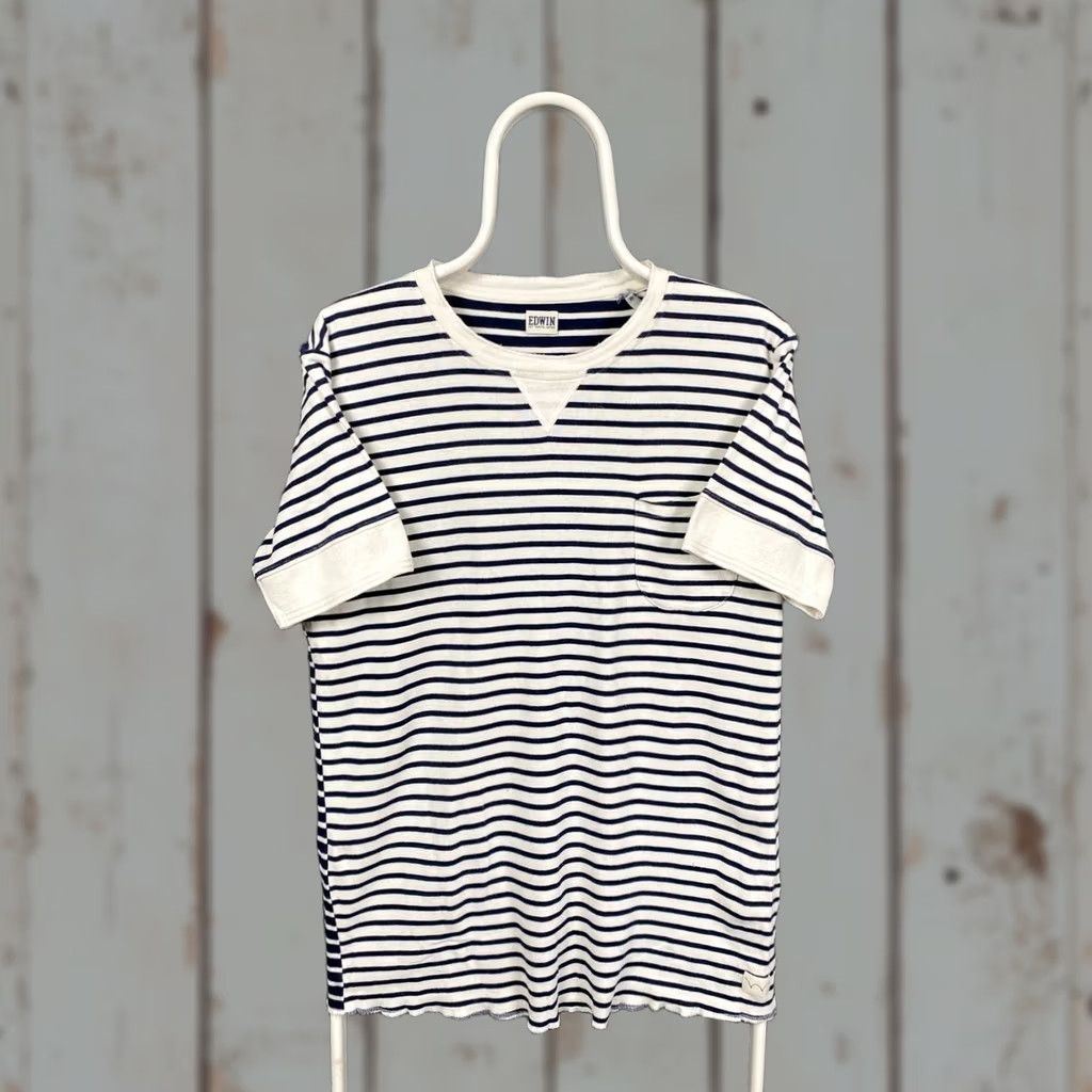Edwin Edwin Shirt Mens M Blue & White Size Striped Cotton Crew Neck Short Sleeve Size US M / EU 48-50 / 2 - 1 Thumbnail