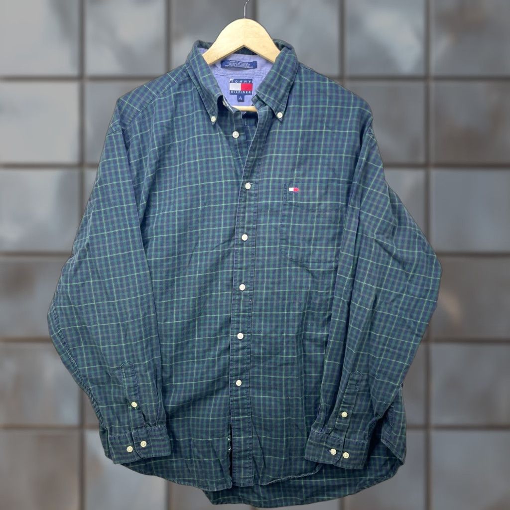 Tommy Hilfiger Vintage Tommy Hilfiger Button-Up Plaid Short Sleeve Shirt Large Mens Green Size US L / EU 52-54 / 3 - 1 Thumbnail