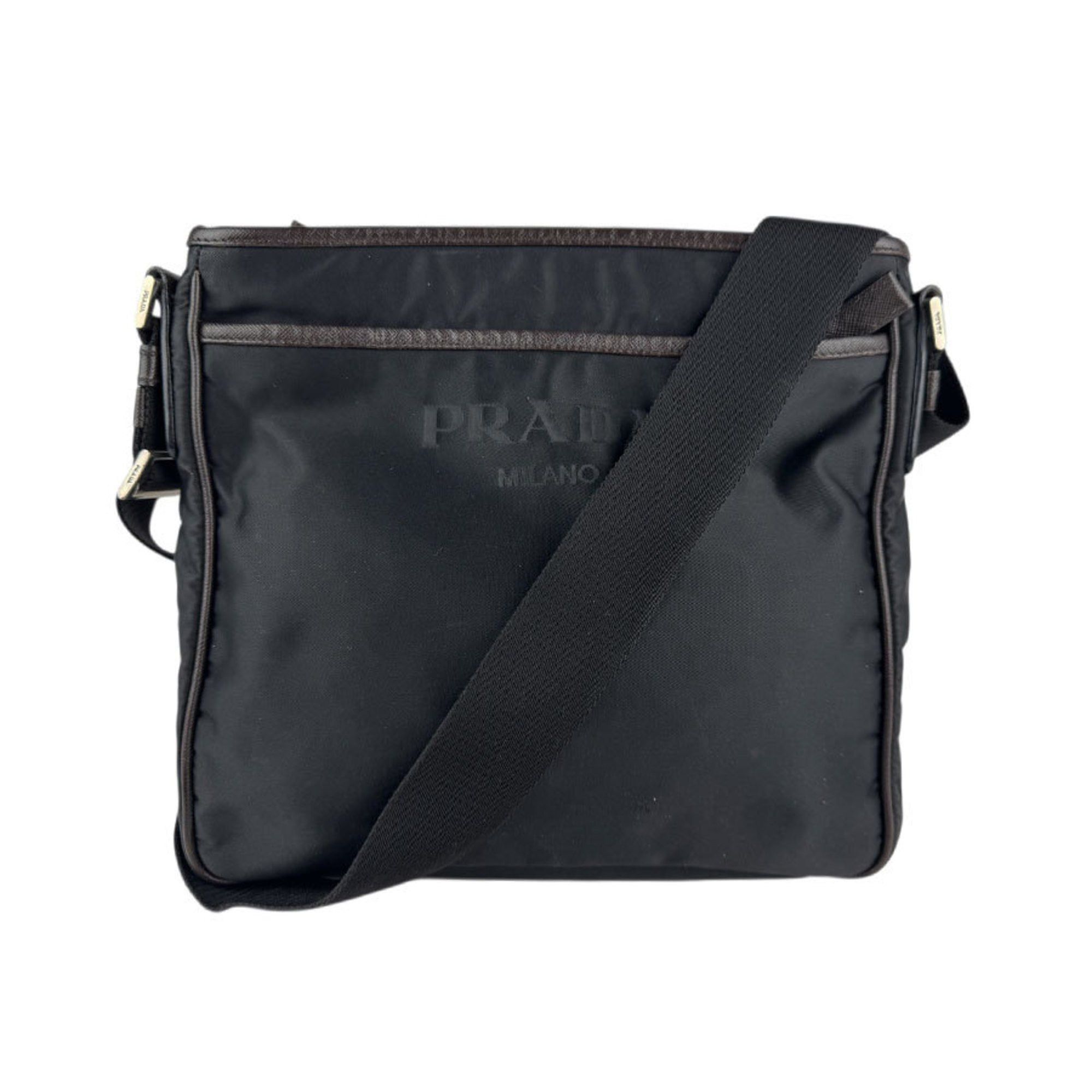 Prada Shoulder Bag Nylon Leather Black Brown Silver Men Women Z5289