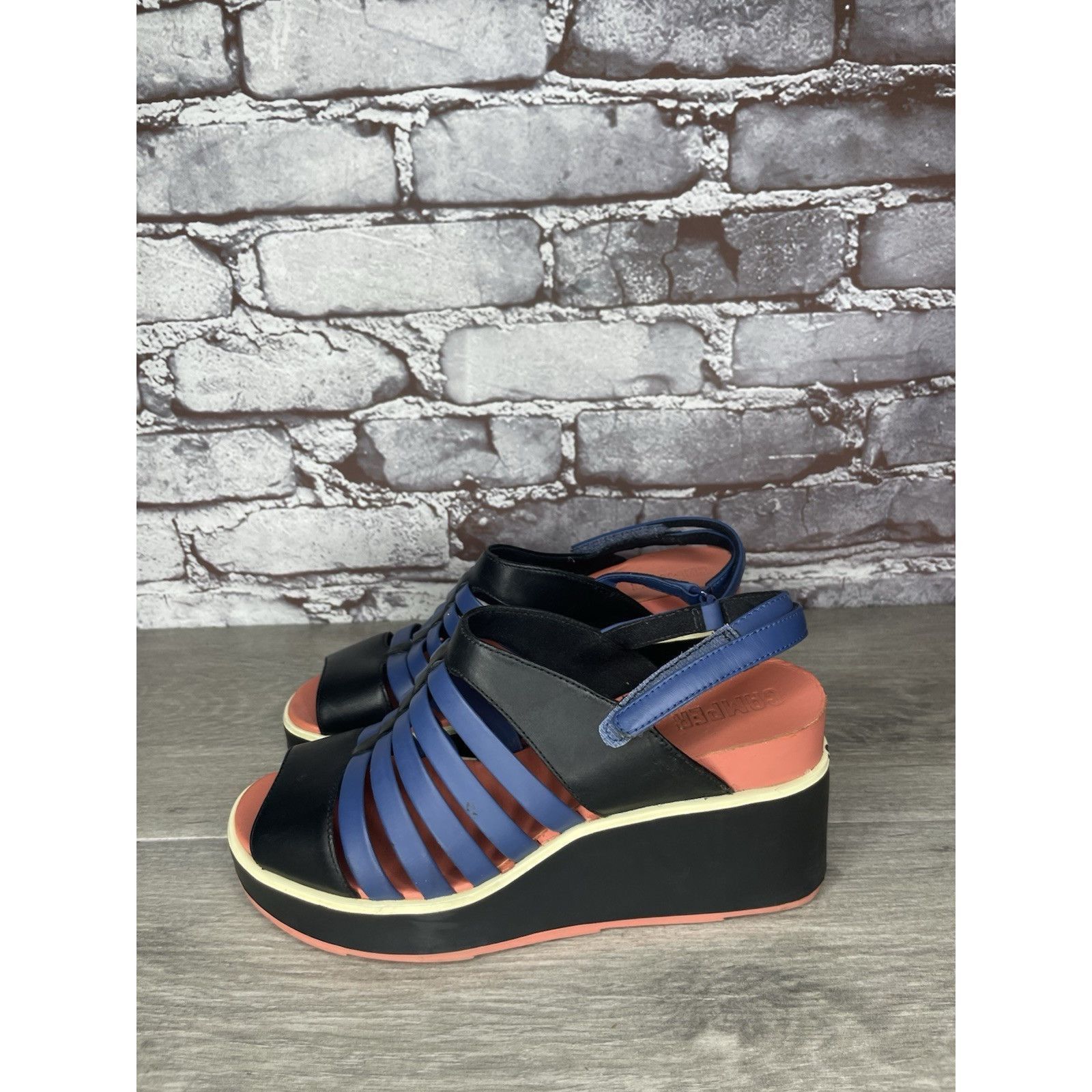 Camper Camper Tropic Black Blue Leather Ankle Strap Wedge Sandals W Size US 5.5 / IT 35.5 - 21 Thumbnail