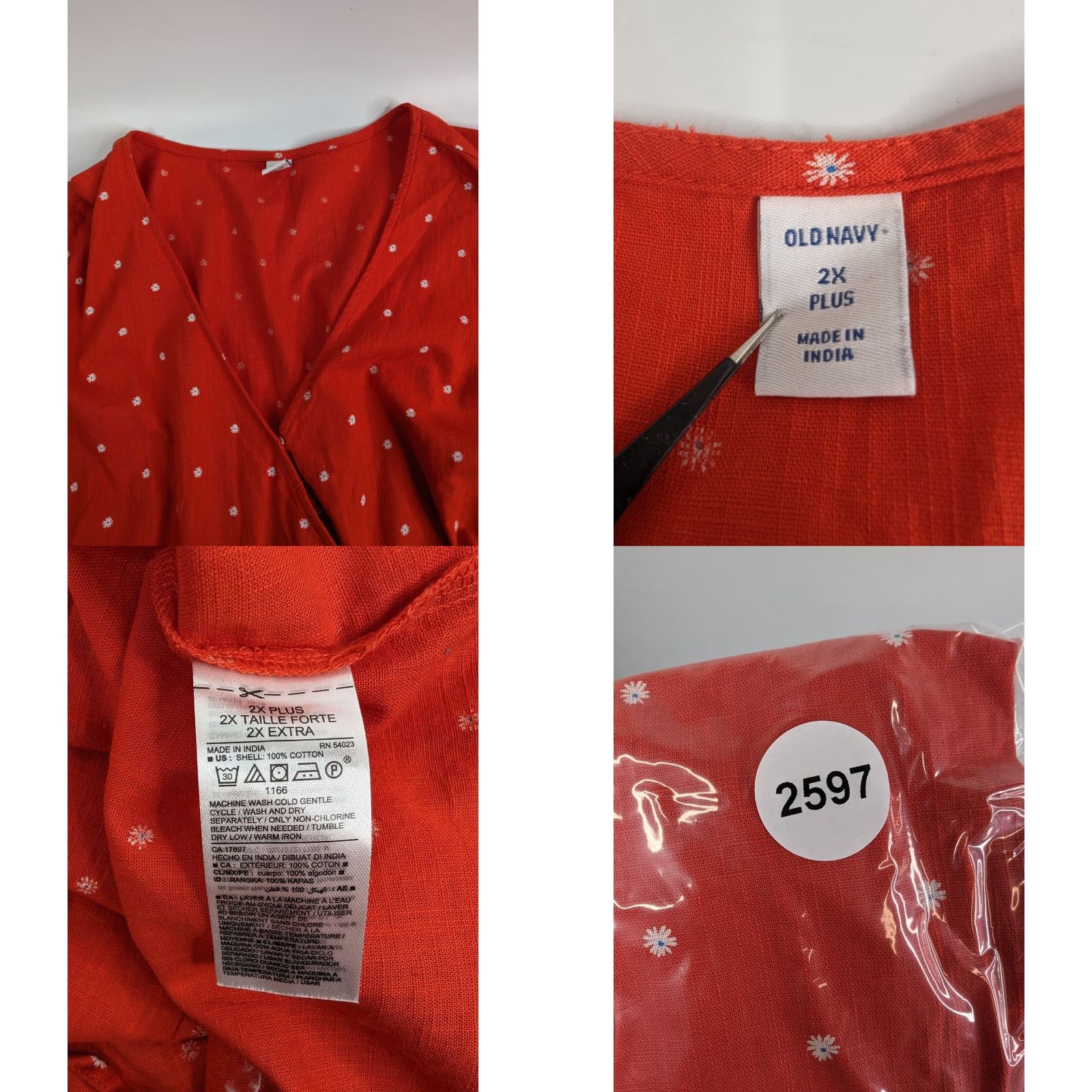 Old Navy Old Navy Women's Dress Wrap Floral Red White Elastic Waist V-Neck Tie 2X Plus Long Sleeve Knee Length Linen 100% Cotton Shirt Womens Size XXL / US 16-18 / IT 52-54 - 8 Thumbnail
