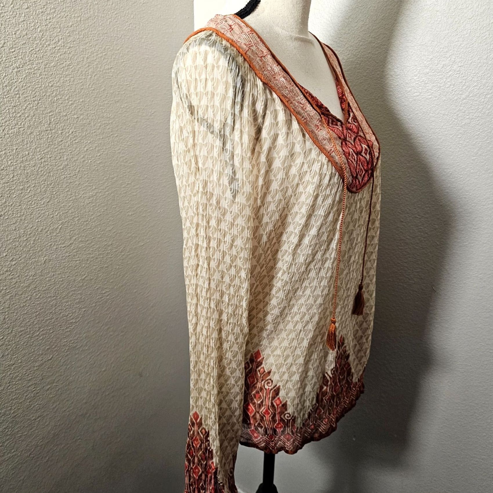 Lucky Brand Lucky Brand Top Shirt Regular Womens L Brown Red Paisley Long Sleeve Sheer Booth Blouse Size L / US 10 / IT 46 - 4 Thumbnail