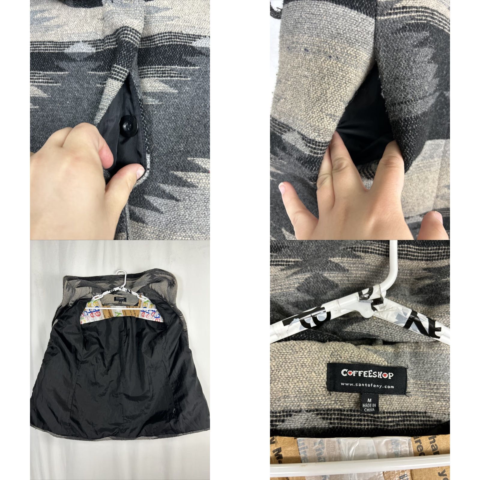 Vintage Coffee Shop Womens Coat Hooded Southwest Gray Wool Blend Polyester Button Up Overcoat M Female Size M / US 6-8 / IT 42-44 - 8 Thumbnail