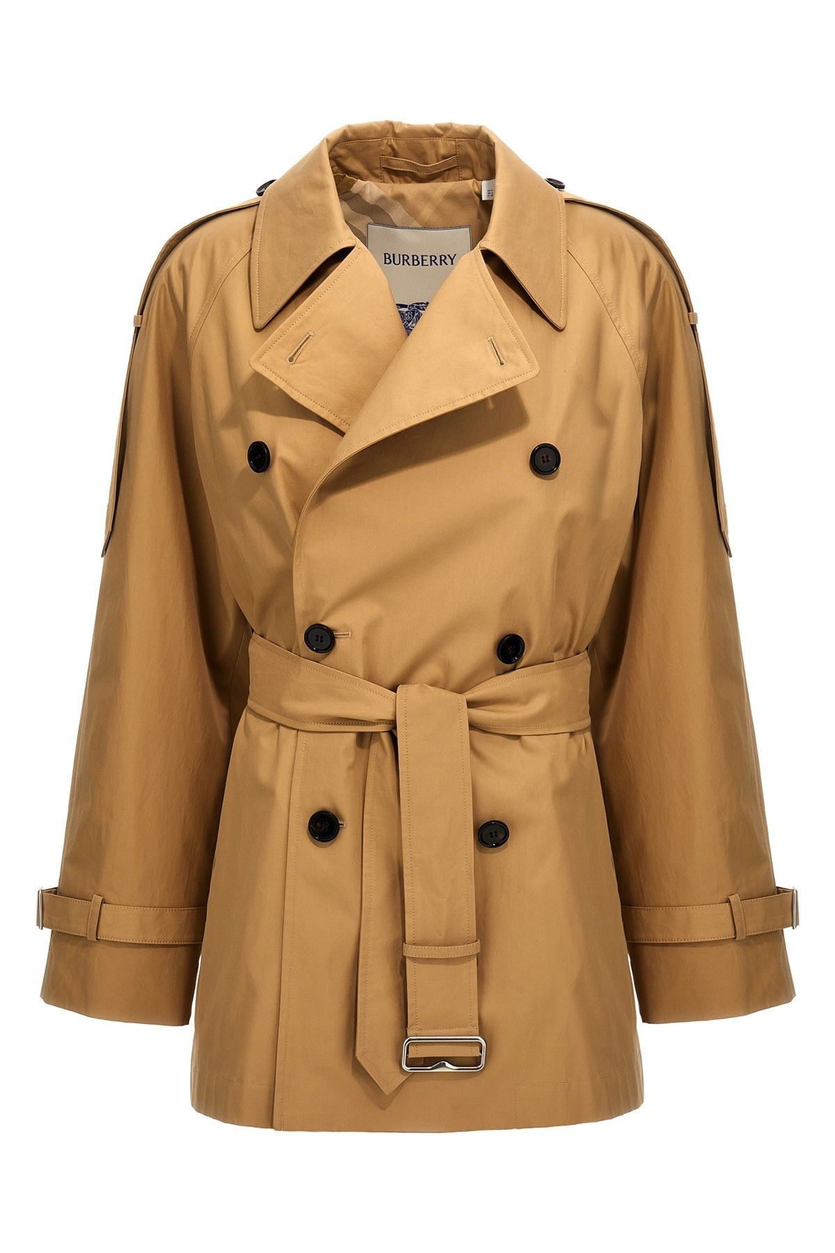 Image of Burberry Double-Breasted Short Trench Coat in Beige, Women's (Size XS)