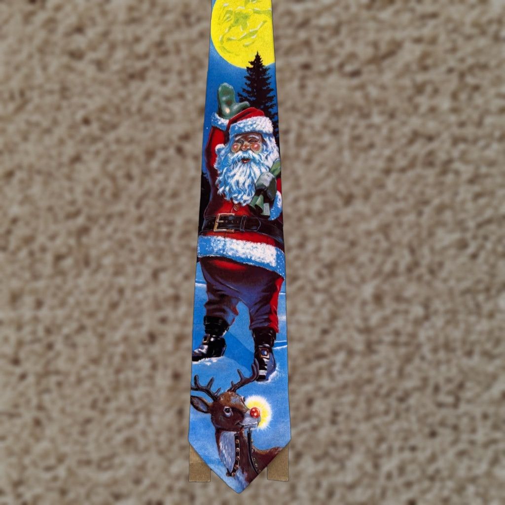 Vintage Ralph Marlin Vintage 1990 Christmas Holiday Mens Tie Snow Man Roof Top Santa Tie Mens Red Polyester Short One Size Classic Size ONE SIZE - 1 Thumbnail