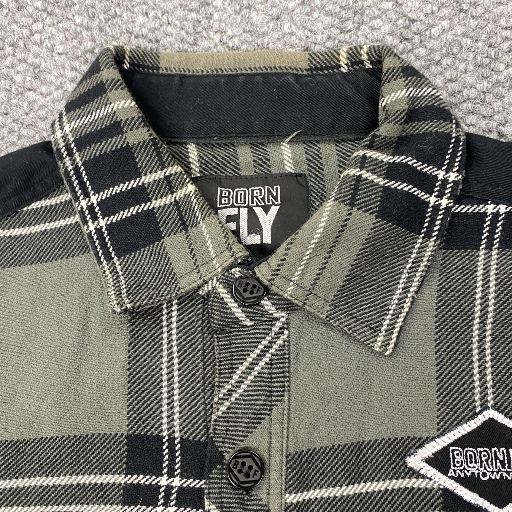 Born Born Fly Flannel Shirt Mens XL Green Black Plaid Long Sleeve Button-Up with Elbow Patches Size US XL / EU 56 / 4 - 5 Thumbnail