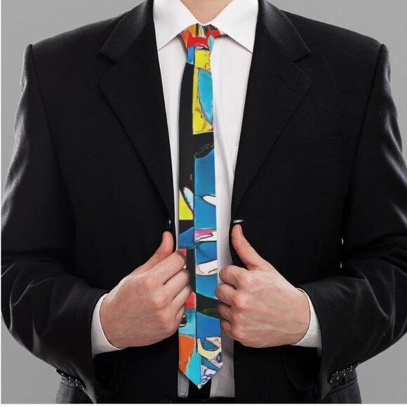 Handmade Tie Designer Menswear Necktie Mid Century Patchwork Blue Mod Size ONE SIZE - 2 Thumbnail