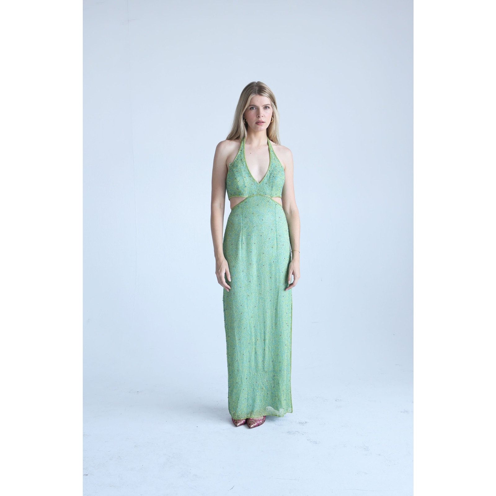 Vintage Vintage Scala Y2K Green Silk Beaded Cutout Open Back Dress Size M / US 6-8 / IT 42-44 - 4 Thumbnail