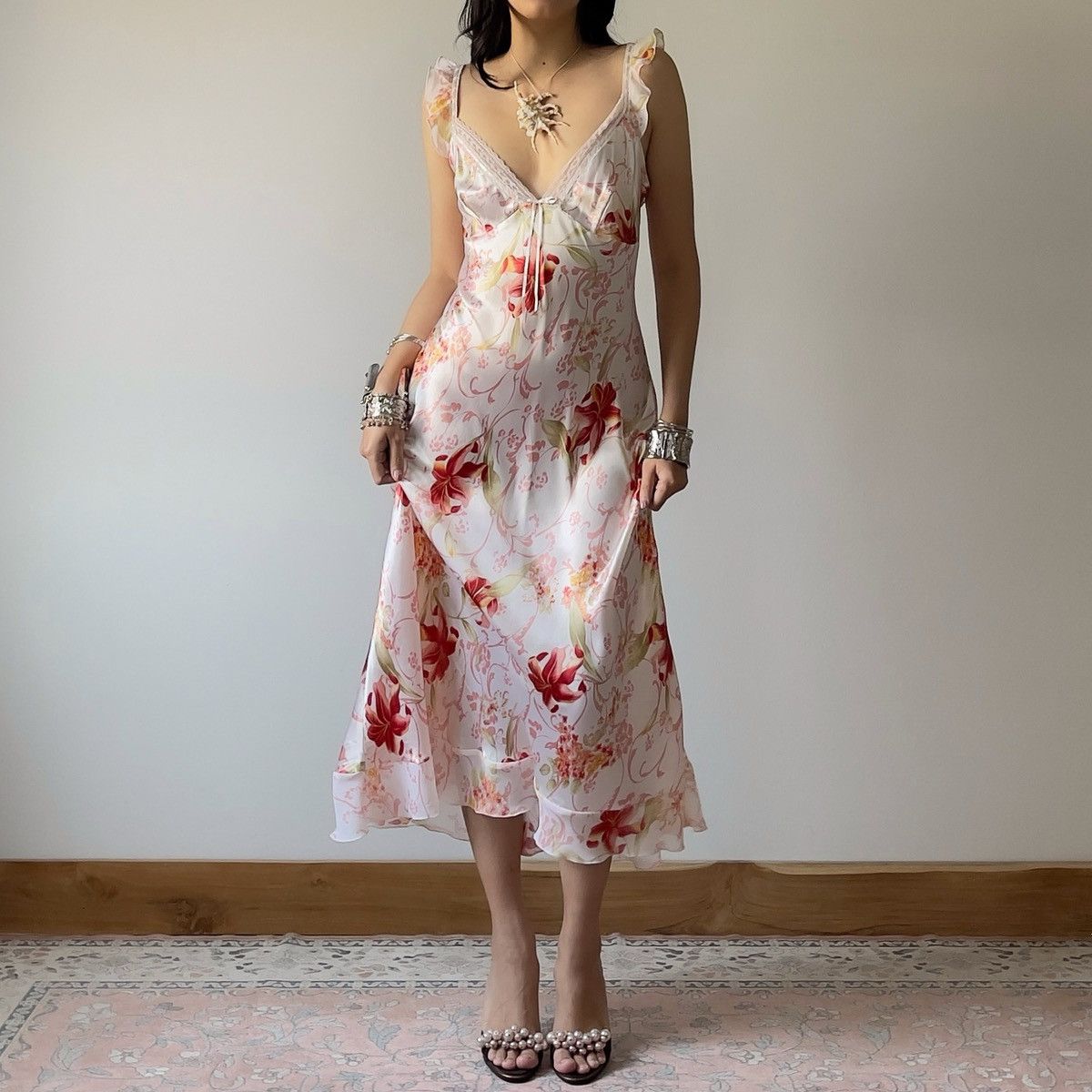 Other Romantic White Floral Satin Maxi Slip Dress (L) Size L / US 10 / IT 46 - 6 Thumbnail