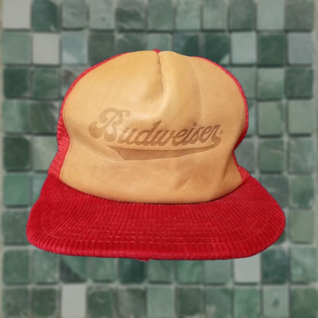 Budweiser VINTAGE Budweiser Trucker Hat Leather Red One Size Hats Men SZ One Size Hat Slim Camouflage Hip Hop Denim Leather 80's Style Mens Size ONE SIZE - 1 Thumbnail