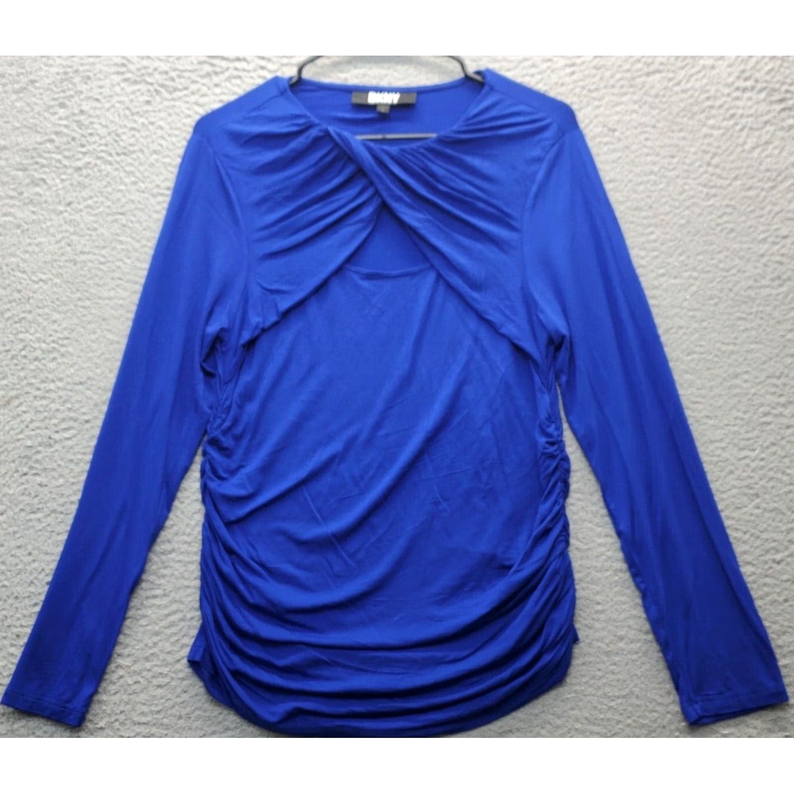 DKNY DKNY Blouse Top Womens Size L Blue Ruched Pleated Stretch Neck Round Casual Shirt Size L / US 10 / IT 46 - 2 Thumbnail