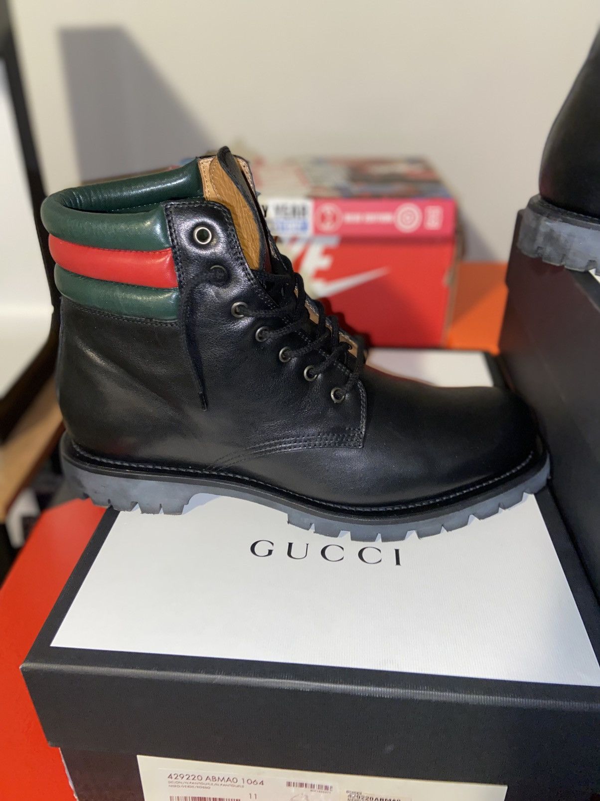Gucci Gucci Black Leather Hiking Boots (Web Stripe Collar) Size US 11 / EU 44 - 6 Thumbnail