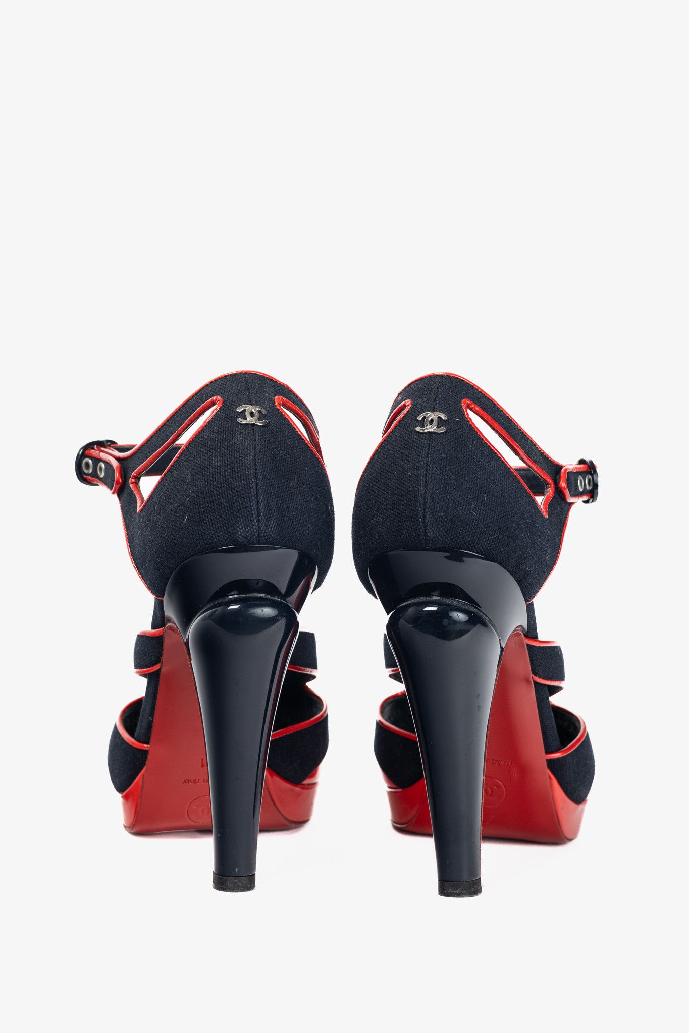 Chanel Chanel SS/08 Runway Navy Canvas & Red Patent Leather Sandals Size US 10.5 / IT 40.5 - 3 Thumbnail