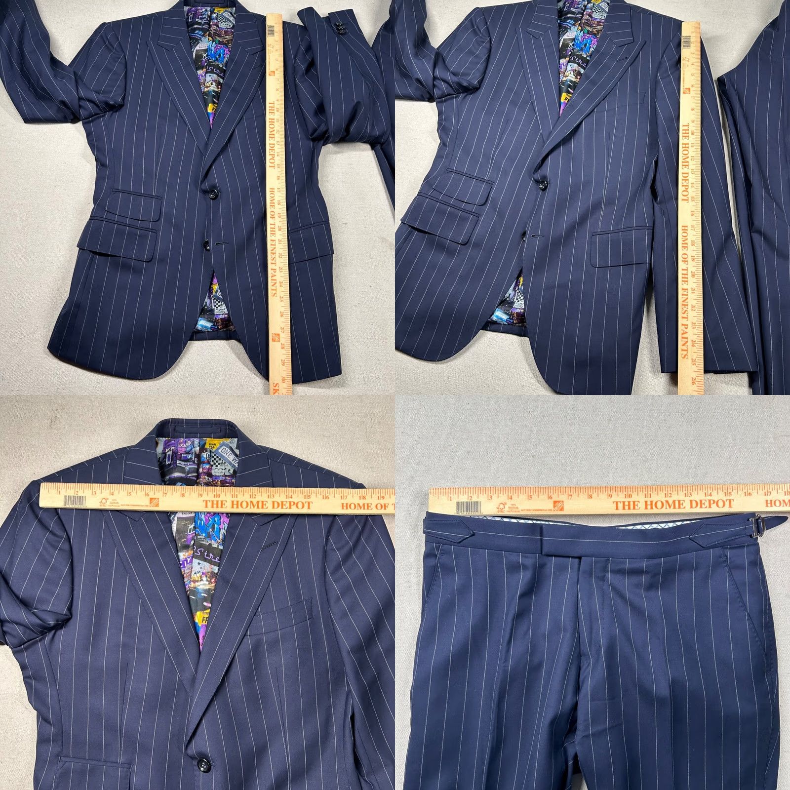 Vintage Hideoki Bespoke Suit Mens 39 Navy Wool Pin Stripe Peak Custom Tailored 32x31 Size 40R - 9 Thumbnail