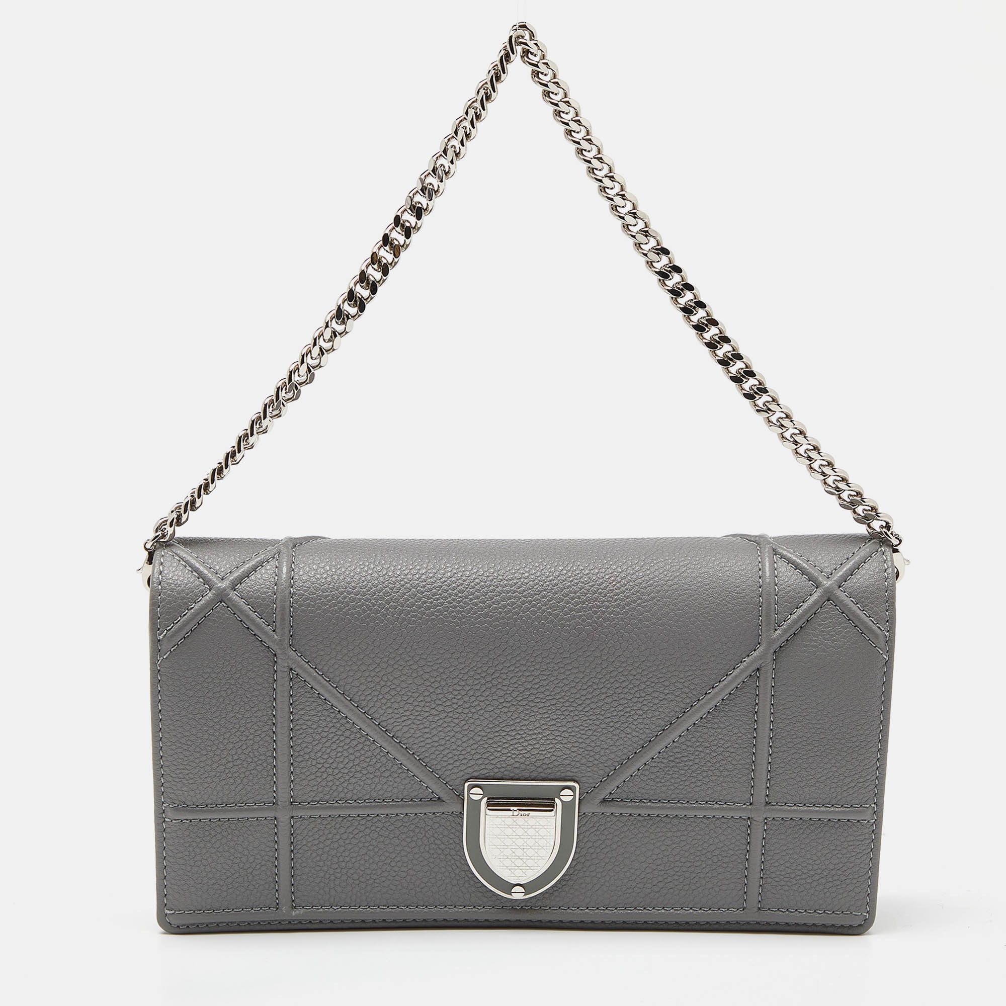 image of Dior Grey Leather Ama Wallet On Chain, Women's