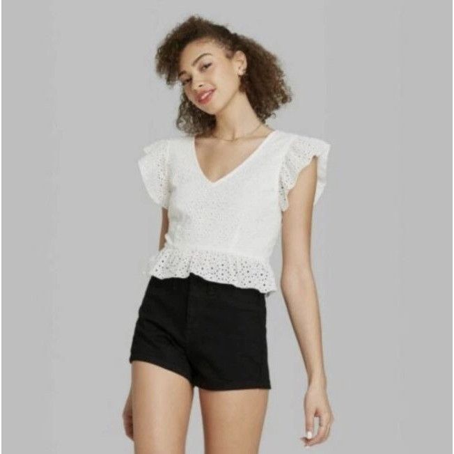 Other Women's Flutter Short Sleeve Eyelet White Crop Top With Ruff Size L / US 10 / IT 46 - 1 Thumbnail