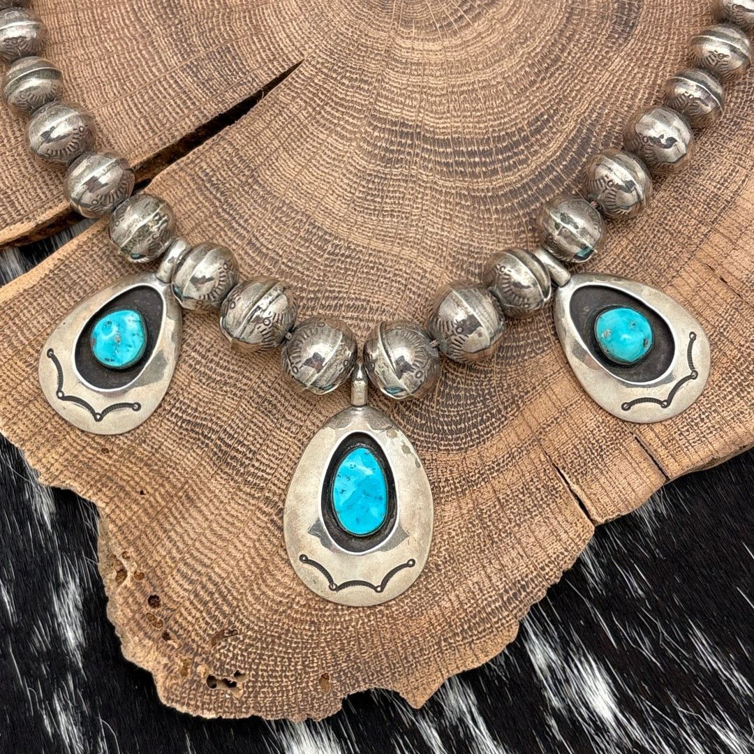 Native 1970s Native American NAVAJO 3-Station Stamped Bead Necklace Size ONE SIZE - 2 Thumbnail