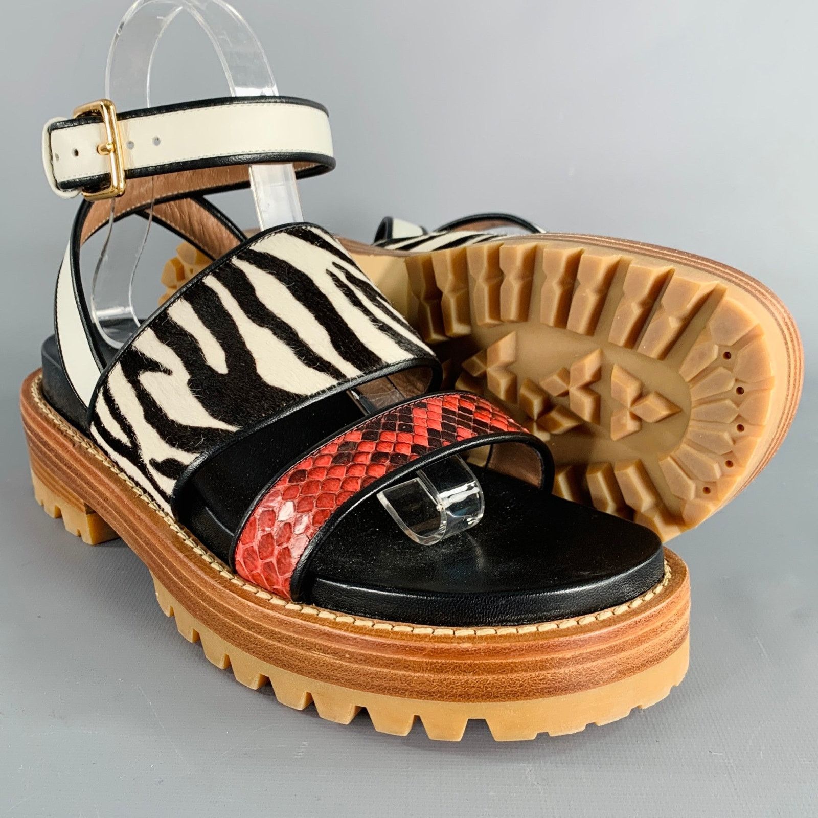 Marni Black Multi Color Leather Mixed Patterns Calf Hair Sandals Size US 8 / IT 38 - 5 Thumbnail