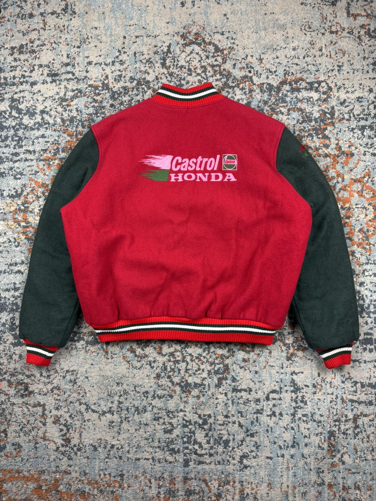 Honda Vintage 80s Honda Castrol heavy wool varsity racing jacket Size US L / EU 52-54 / 3 - 1 Thumbnail