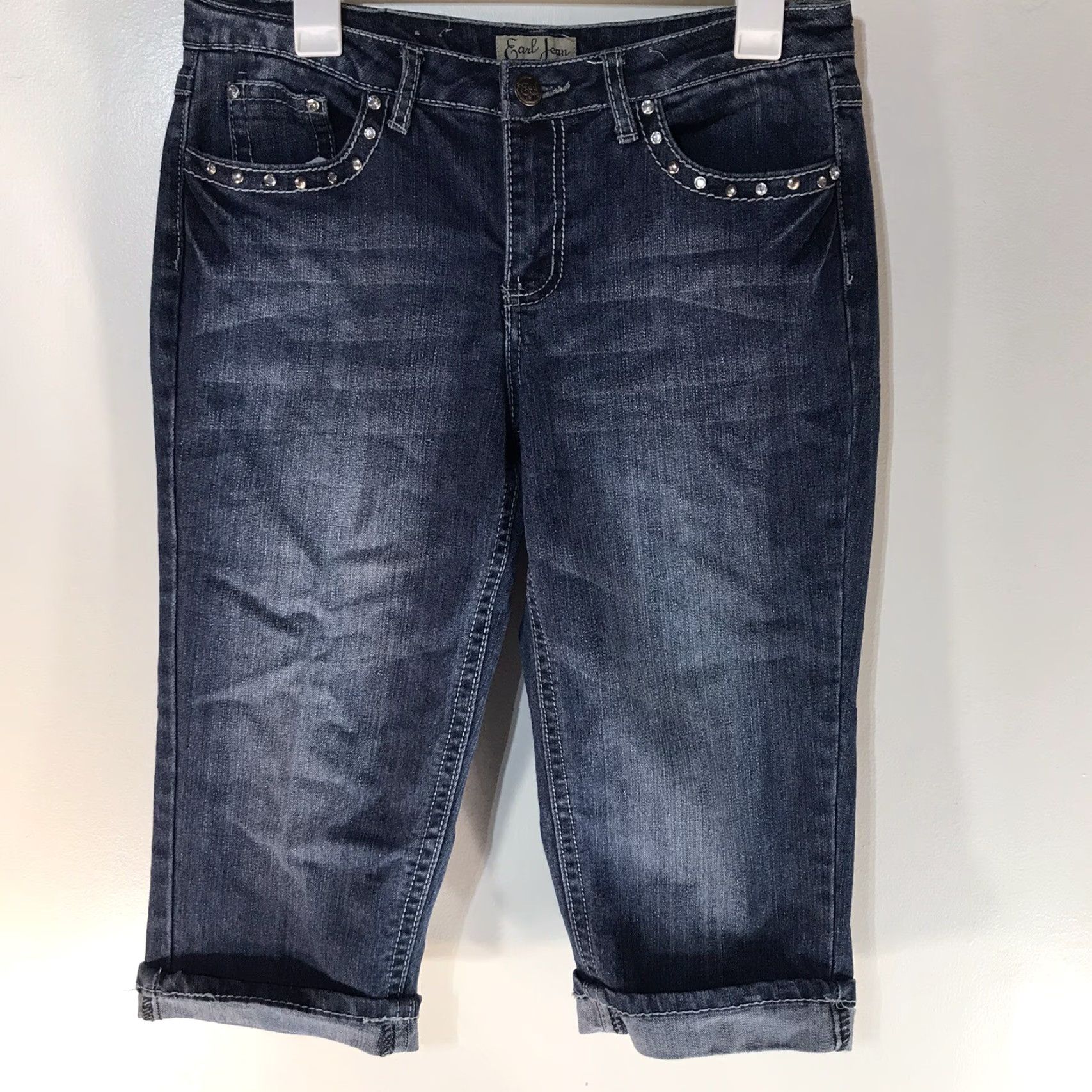 Vintage Earl Jean Jeans Women 8 Cropped Denim Blue Stretch Pockets Embroidered Rhinestone Zipper Womens Size 30" / US 8 / IT 44 - 3 Thumbnail