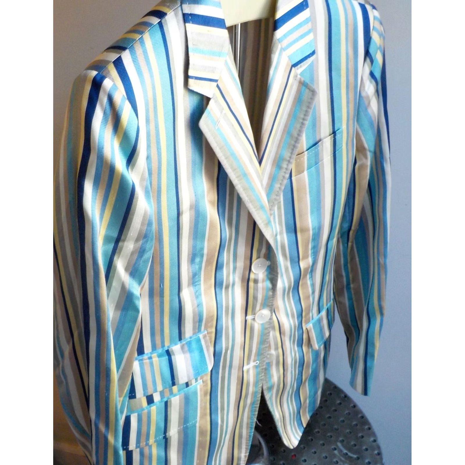 Isaia ISAIA NAPOLI Blazer Women's Striped Silk Blend Blue, Tan, Turquoise SZ 8 Regular Jacket Coat SVG Size M / US 6-8 / IT 42-44 - 3 Thumbnail