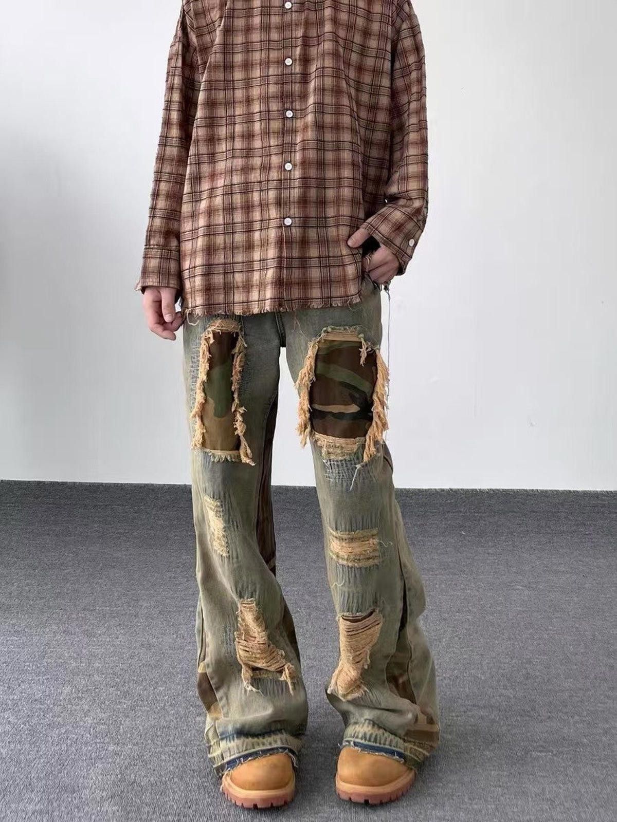 Jean Camo Patch Flare Jeans – Yellow Mud, Retro Loose Fit Size US 33 - 11 Thumbnail