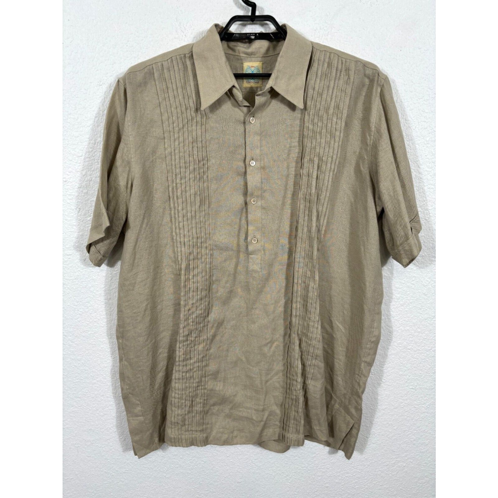 image of Vintage Dos Carolinas Guayabera Shirt Men 2Xl Beige Pullover Linen Short Sleeve Solid in White