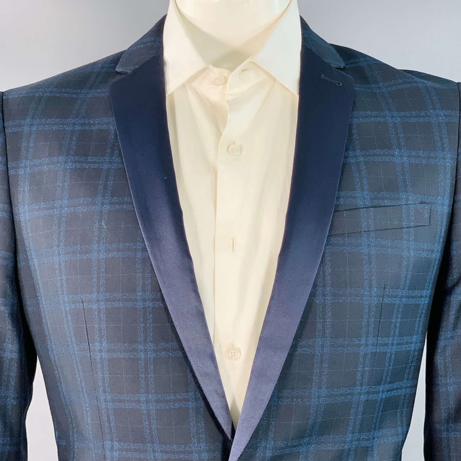Farah Navy Blue Plaid Polyester Blend Slim Fit Sport Coat Size 42R - 2 Thumbnail